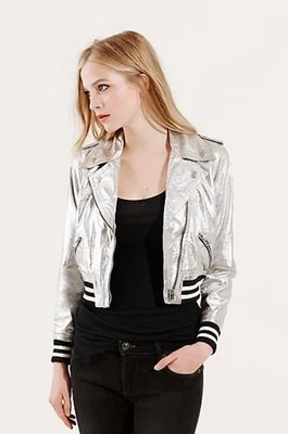 CHAQUETA MOTO NUEVA TRUE RELIGION JEANS $749 PLATA CUERO CORDERO LAMINADO TALLA XS Foto 1 de 2