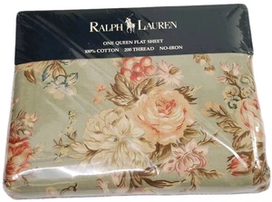 Ralph Lauren Charlotte IV Grün Floral Queen Flachbettlaken 200 Fäden Baumwolle Neu - Bild 1 von 7