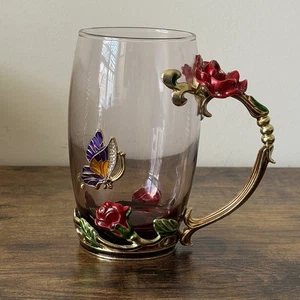 Bogen Glas und Emaille Becher 12 Unzen Rote Rose & Schmetterling Design Strass Akzente - Bild 1 von 12