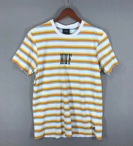 HUF Shirt Men's Medium White Striped Tee Embroidered Logo Short Sleeve Skater - Picture 1 of 11