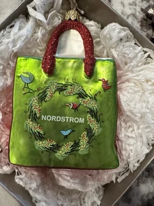 Nordstrom Glass Ornament Shopping Bag RARE 4" Tall Red Green Poland W Box - Picture 1 of 6