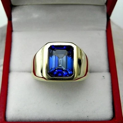 Anillo solitario de zafiro azul natural de 8 quilates para hombre de oro amarillo de 14 quilates con certificado Foto 1 de 4
