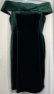 CALVIN KLEIN Green Velvet Off The Shoulder Dress Size 14 EUC - Image 1 of 4