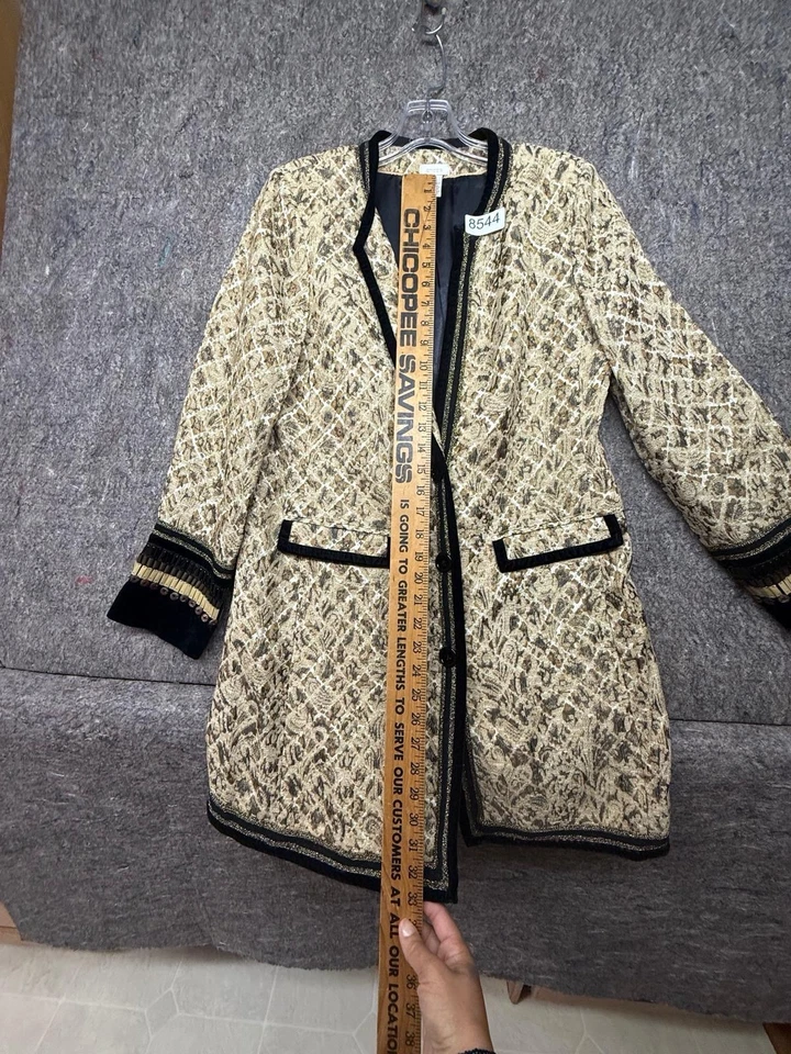 Chico’s Tapestry Gold Black Artisian Embellished Long Jacquard Jacket Size 0 - Image 1 of 4