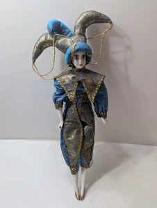 Bambola giullare in porcellana 24" blu e oro NO SUPPORTO - Foto 1 di 24