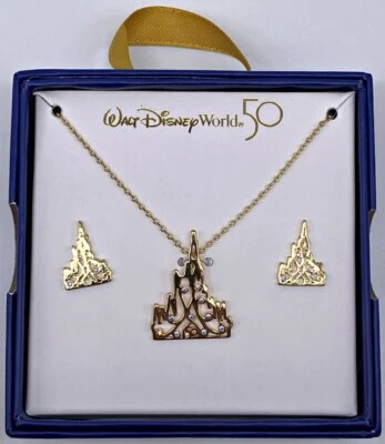 Disney Parks WDW 50th Anniversary Necklace & Earrings Castle Set Gold - NEW - Image 1 of 3