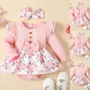 Newborn Baby Girls Floral Ribbed Romper Dress Heandband Set Outfit Clothes 2PCS - Picture 1 of 12
