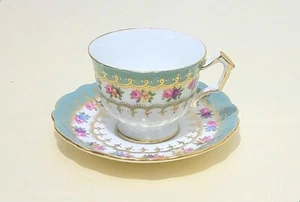 Aynsley England Pink Rose Floral Light Blue Band Cup & Saucer 238 - Picture 1 of 6