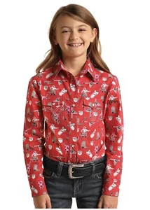 Girls Panhandle Slim Red Retro Print Snap western shirt C6S3494 - Picture 1 of 1