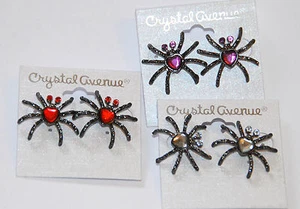 Spider Shaped / Halloween / Stud Earrings w Crystal / Antique Silver-tone / NWT - Picture 1 of 4