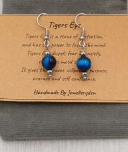 Handmade Blue Tigers Eye Crystal Healing Gemstone Chakra 8mm Bead Hook Earrings - Picture 1 of 6