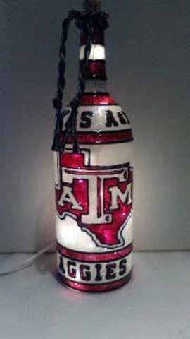 Texas A&M Aggies Inspired Hand Painted Lighted Wine Bottle Stained Glass look Cover