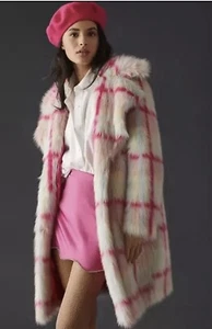 NWT Anthropologie NVLT Faux Fur Long Coat Tartan Fuchsia Plaid Size Small $340 - Picture 1 of 10