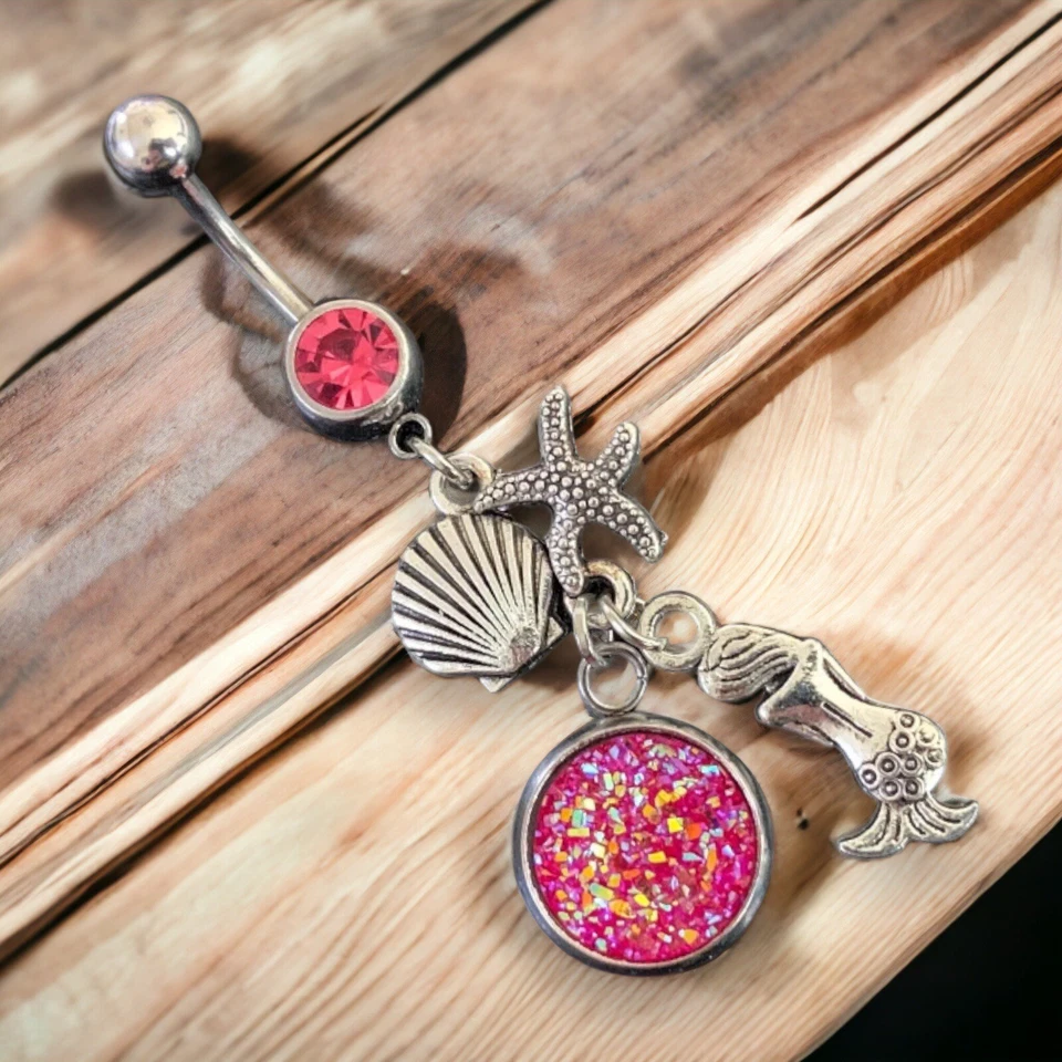 14g pink sparkle dangle mermaid starfish seashell belly ring B494 - Image 1 of 2
