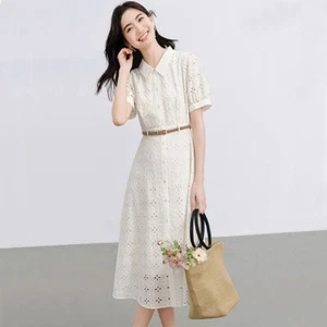 Women Cotton Blend Lace Shirt Dress Short Sleeve Floral with Belt Button Collar - Picture 1 of 7