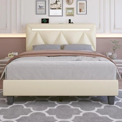 Marco de cama completo de tela de lino tamaño queen con cabecero ajustable e imitación de cuero Foto 1 de 4