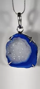 1.8" BLUE GEODE DRUZY WINDOW QUARTZ STERLING SILVER PENDANT NECKLACE 24" - Picture 1 of 9