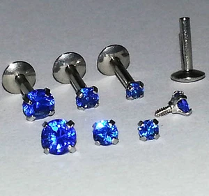16g BLUE PRONG GEM Cartilage Tragus TRIPLE FORWARD HELIX Labret Ear Stud Earring - Picture 1 of 7