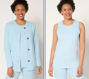 Denim & Co. Active Reg Textured Cotton Cardigan & Tank Twin Set Sky L A687474 - Picture 1 of 10