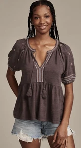 Lucky Brand leicht besticktes Babydoll Boho Bauern Top - grau - Größe M - Bild 1 von 7
