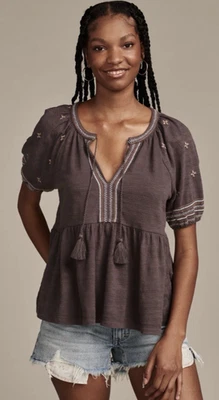 Babydoll Boho Campesino Fácil Bordado Lucky Brand - Gris - Talla Mediana Foto 1 de 4