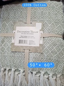 Gewebte Baumwolle Decke mit Quasten Salbei und Creme Farbe 50"× 60" - Bild 1 von 4