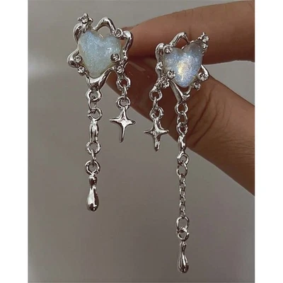 Pendientes colgantes corazón estrella encanto tono plata pendientes colgantes asimétricos NUEVO Foto 1 de 4