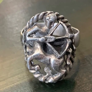 Vintage Silver-Tone Sagittarius Centaur Zodiac Ring Adjustable Patina Estate - Picture 1 of 8