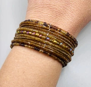 Vintage Boho Brown Native American Style Seed Beaded Bangle Cuff Bracelet - Picture 1 of 4