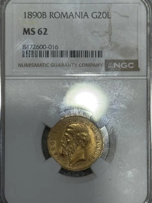 1890 B Romania 20 Lei Coin NGC  MS 62 - Image 1 of 2