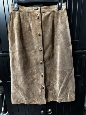 Suede Leather Midi Skirt waist size 28 inches Brown Flared. Tags Cut Out Unknown - Image 1 of 4