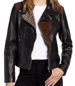Bernardo Leather Jacket Leopard Print Asymmetrical Zip Moto Black Brown Size S - Picture 1 of 13