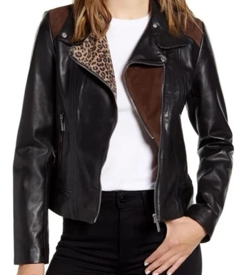Bernardo Leather Jacket Leopard Print Asymmetrical Zip Moto Black Brown Size S - Image 1 of 4