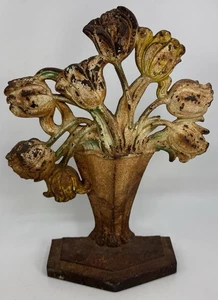 Tope de puerta de hierro fundido vintage #443 flores de tulipanes en urna floral envejecido - Imagen 1 de 12