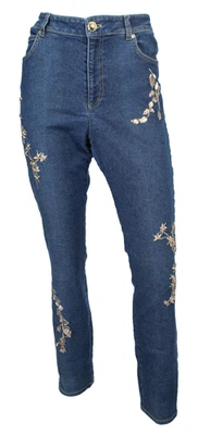 Jeans ESCADA azul lavagem média jeans dourado floral bordado cintura alta 42 - Imagem 1 de 4
