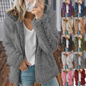 Womens Fleece Fur Warm Fluffy Zipper Cardigan Hooded Coat Jacket Sweatshirt Tops - Picture 1 of 22
