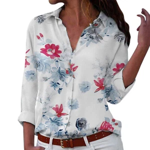 Women Spring Summer Casual Retro Flower Print Lapel Long Sleeve Button Shirt New - Picture 1 of 7