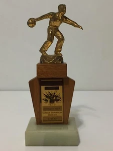Vtg 50s Mens Bowling Trophy Metal Topper Wood Marble Base 1953 1954 Pasadena CA - Picture 1 of 7
