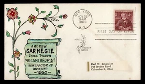 DR WHO 1960 FDC ANDREW CARNEGIE HAND COLORED MAUL CACHET m28965 - Picture 1 of 2