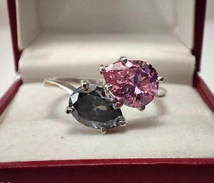 2.66 Ct Pear Cut Gray & Pink Moissanite Wedding  Ring Toi Et Moi 925 Silver Ring - Picture 1 of 20