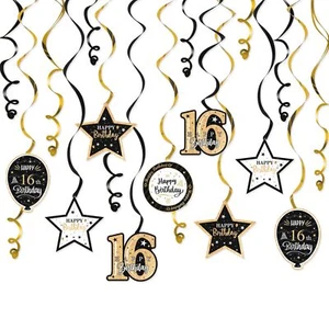 15 Pcs 16th Birthday Hanging Swirls Streamers Black Gold Party Decorations - Picture 1 of 7
