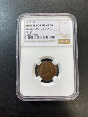 1979 NICKEL STRUCK ON CENT BLANK ERROR NGC MS-63 - UNCIRCULATED - SLABBED - 5C - Image 1 of 4