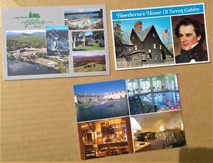 3 postcards Hawthorne's House Of 7 Gables Lake Placid Hilton North Conway Hotel - Picture 1 of 12