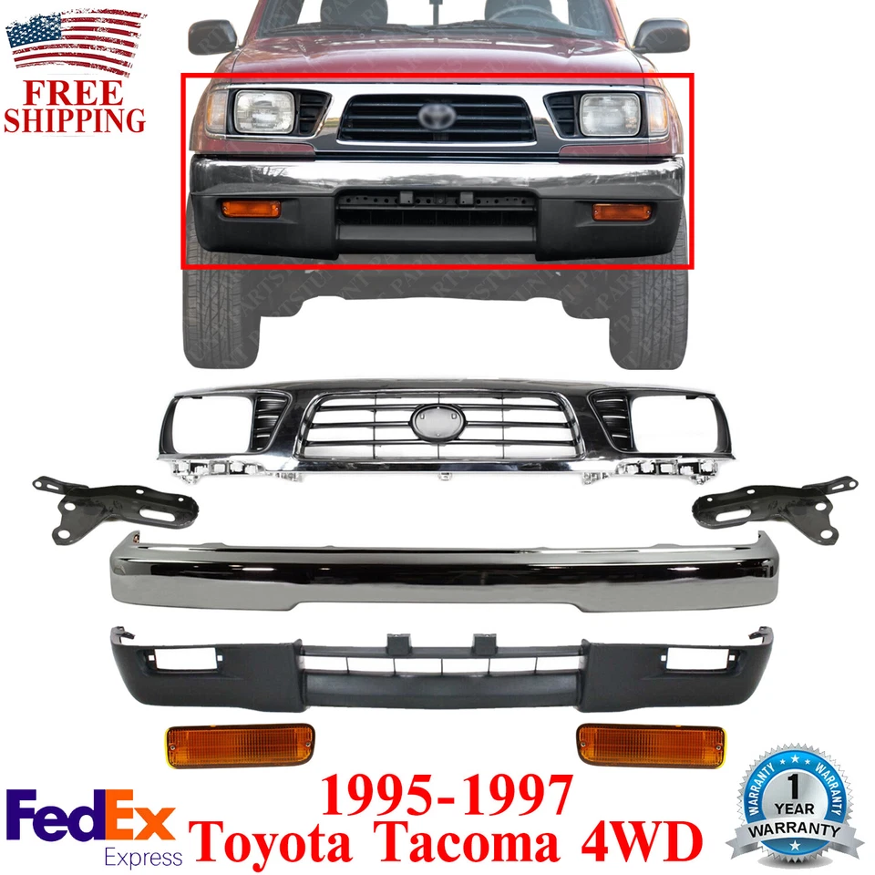 Front Bumper Chrome Steel Kit +Grille +Signal Lights For 1995-1997 Toyota Tacoma - Image 1 of 4