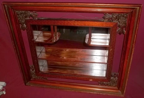 Antique Wooden Framed Tri Level Shelves Wall Hanging Shadow Box w/Mirror Unique Cover