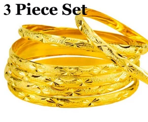 2Pcs 18k Gold Italian Star Cut Womens Slip On Filled Over Silver Bangles D4168 - Picture 1 of 8