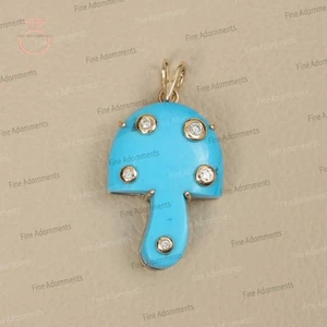 Solid 14k Gold/ 925 Silver Mushroom Charm Natural Turquoise & Diamond Pendant - Picture 1 of 7