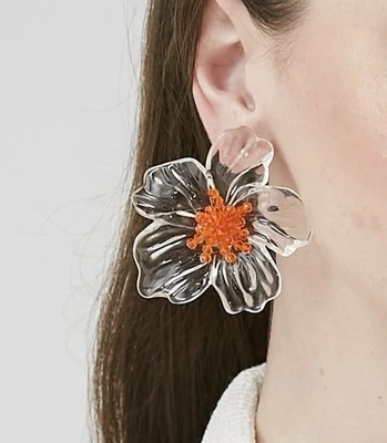 Earrings Flower Zara Clear Lucite Gold Boho Statement Stud White Exaggerated - Image 1 of 4