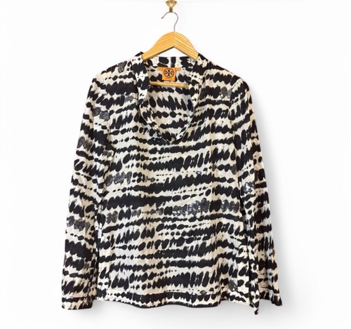 Top tunica donna Tory Burch taglia 8 nero bianco stampa paillettes blusa cotone