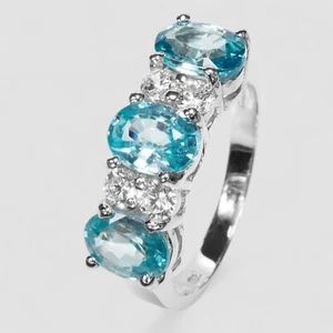 Three Stone Neon Blue Zircon 3.30Ct 925 Sterling Silver Handmade Rings Size 7.5 - Picture 1 of 8